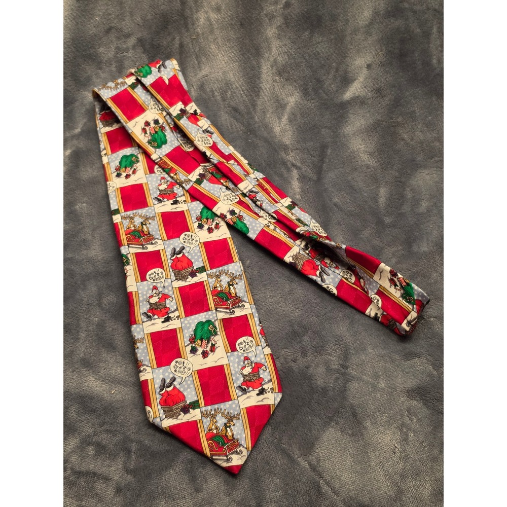 Shoebox Hallmark Mens Christmas Silk Tie Funny Santa Reindeer Red Blue Novelty